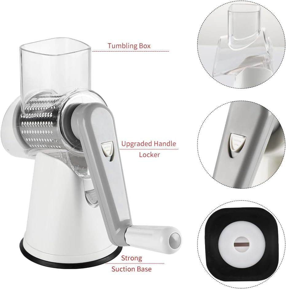 Rotary Cheese Grater Hand Crank Cheese Shredder for Fresh Cheese, Vegetable, Nuts,Non-Slip Suction Base,Three Blades,White