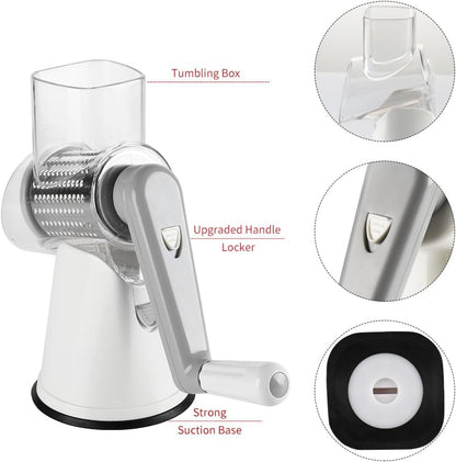 Rotary Cheese Grater Hand Crank Cheese Shredder for Fresh Cheese, Vegetable, Nuts,Non-Slip Suction Base,Three Blades,White