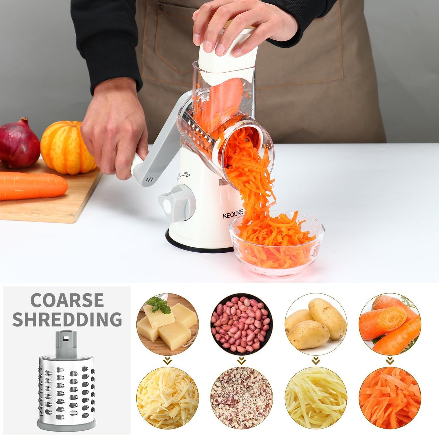 Rotary Cheese Grater Hand Crank Cheese Shredder for Fresh Cheese, Vegetable, Nuts,Non-Slip Suction Base,Three Blades,White