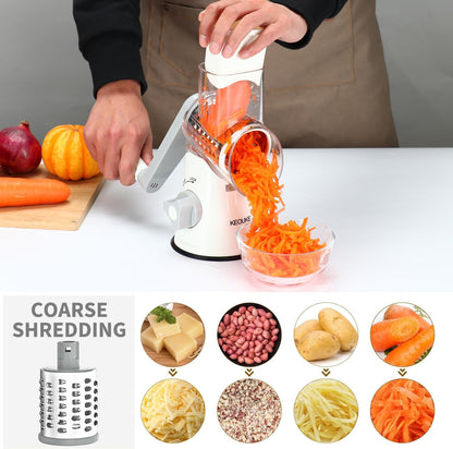 Rotary Cheese Grater Hand Crank Cheese Shredder for Fresh Cheese, Vegetable, Nuts,Non-Slip Suction Base,Three Blades,White