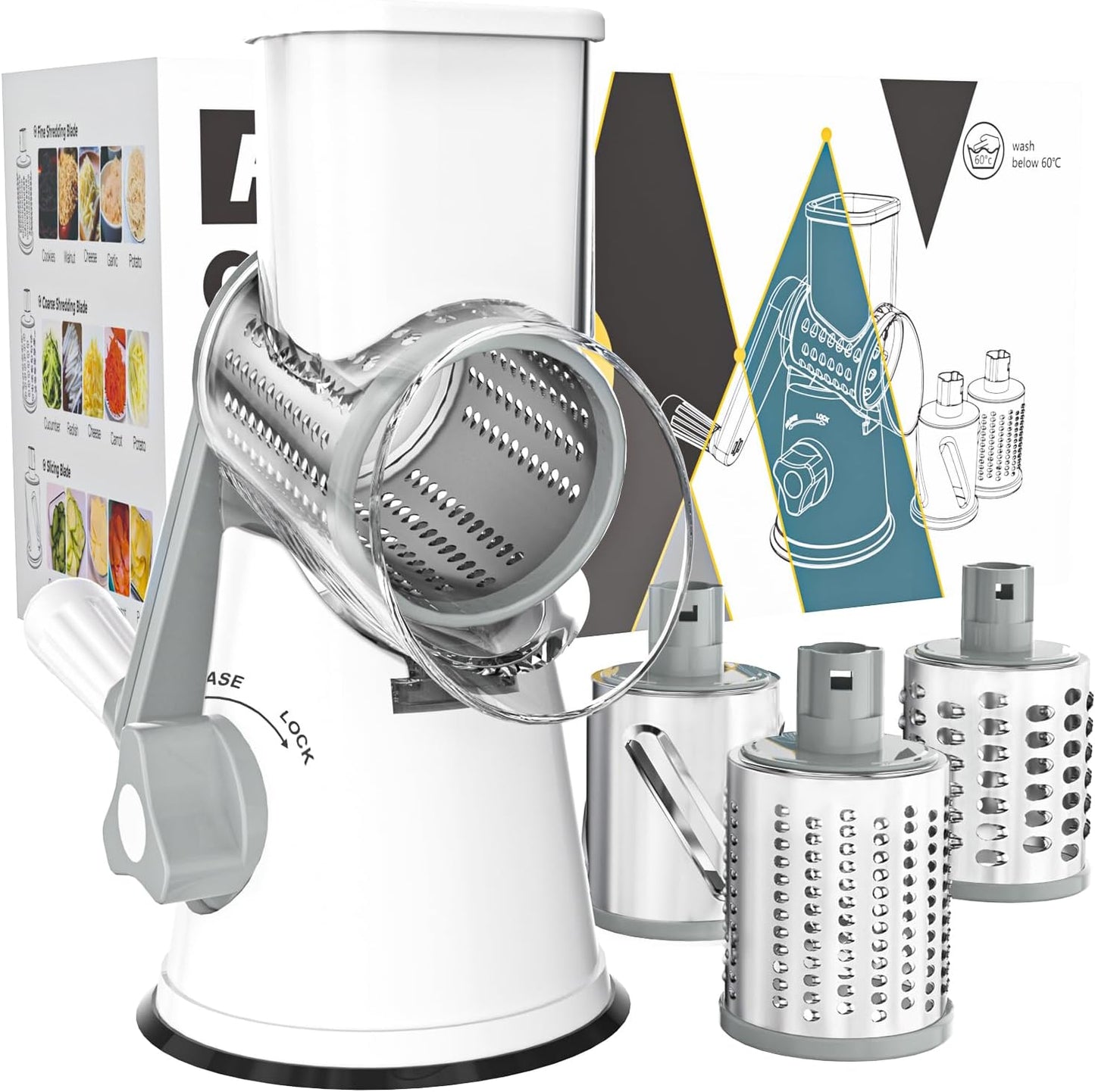 Rotary Cheese Grater Hand Crank Cheese Shredder for Fresh Cheese, Vegetable, Nuts,Non-Slip Suction Base,Three Blades,White