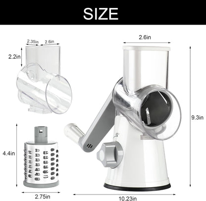Rotary Cheese Grater Hand Crank Cheese Shredder for Fresh Cheese, Vegetable, Nuts,Non-Slip Suction Base,Three Blades,White